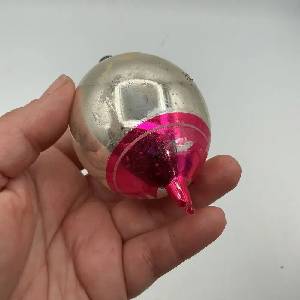Vintage Mercury Glass Reflector Christmas Ornament Pink Silver Indent 4”